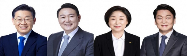 20대 대통령선거 주요 후보자. 왼쪽부터 기호1번 이재명, 기호2번 윤석열, 기호3번 심상정, 기호4번 안철수 후보(출처: 중앙선거관리위원회)